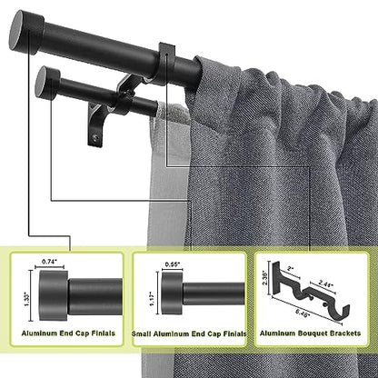 Double Curtain Rods for Windows 72-144 Inches, 1'' Front and 5/8''Back Double Drapery Rods with Premium Aluminum Brackets and End Cap Finials, Adjustable Matte Black Double Window Curtain Rod - color: Matte Black, size: 72-144"