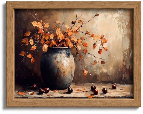 Framed Vintage Autumn Leaf Vase Wall Art,Rustic Still Life Painting Picture Wall Decor,Fall Thanksgiving Botanical Poster Print Artwork,for Living Room Bathroom Kitchen Bedroom Home Decoration - color: Berry, size: 10"L x 8"W