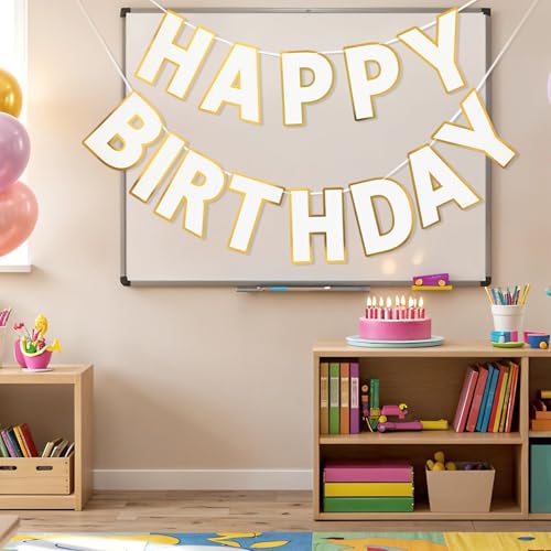 Pre-Strung Happy Birthday Banner White Party Decorations - color: White