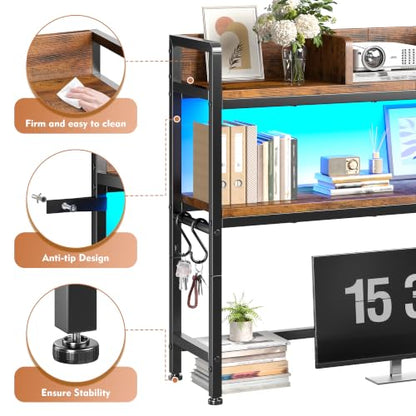 REIBII 2-Tier Desk Shelf with LED for Bedroom and Home Office, Rustic Brown - color: Rustic Brown, size: 7.8"D x 37.5"W x 38.7"H