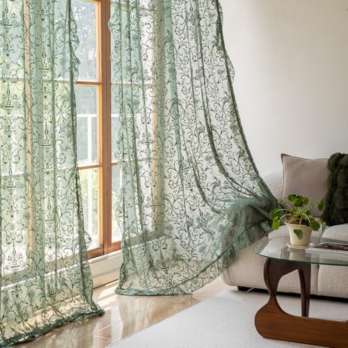 TUDECO Olive Green Lace Curtains 63 Inch Length, Sheer Ruffle 2 Panels - color: Olive Green, size: 59"W x 63"L (Pack of 2)