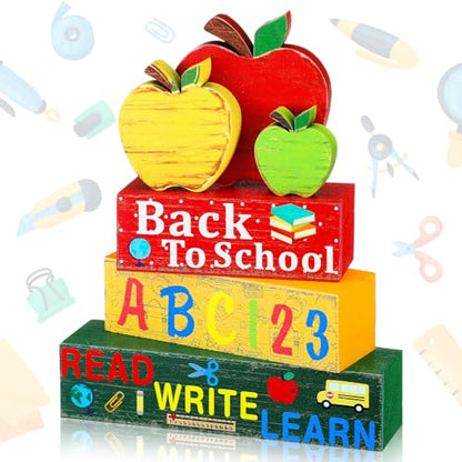 Geelin 4 Pcs Back to School Wooden Table Decor Apple Tiered Tray Decor - style: Apple