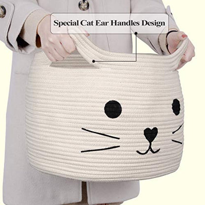 Large Woven Rope Cat Toy Basket with Cat Face Design, White - color: White, size: 15.7"W x 11.8"H