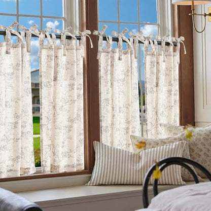 jinchan Grey Floral Kitchen Tier Curtains Alisa 36 Inches Tie Top 2 Panles - color: Alisa Grey on Linen, size: 26"W x 36"L (Pack of 2)