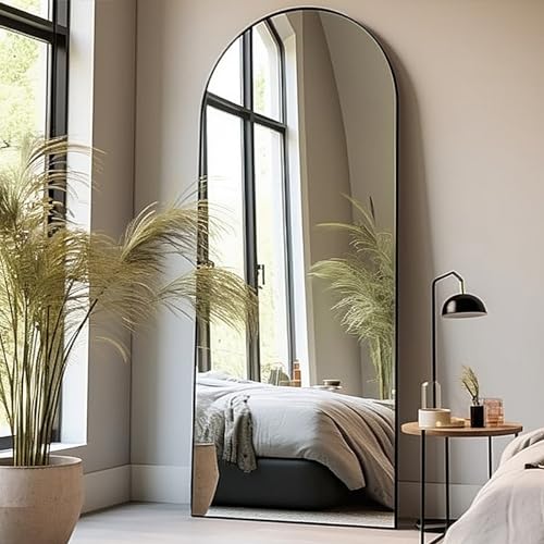 Otlsh 71"26" Arched Floor Mirror With Stand, Black Aluminum Frame, Freestanding or Wall Mounted, Modern Home Decor - color: Black, size: 71"L x 27"W