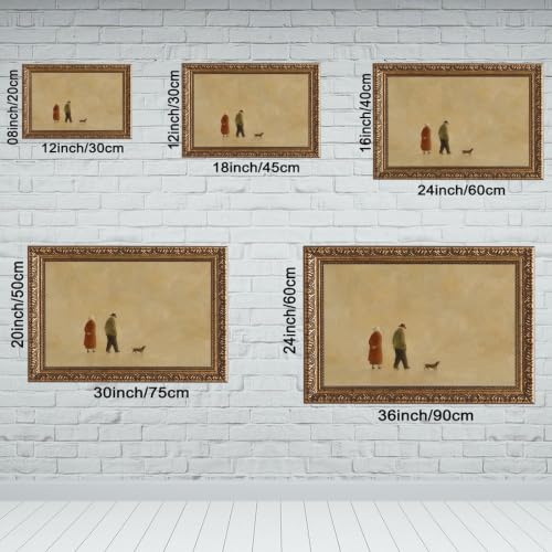 Canvas Wall Art Elderly Couple Walking Dog Minimalist Neutral Home Decor - color: Retro Gold Frame, size: 12"L x 8"W