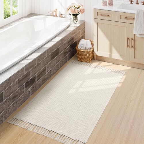 Lahome Boho Bathroom Rugs, 3x5 Washable Area Rug for Kitchen Bedroom Entry - color: Beige/White, size: 3' x 5' (Rectangular)