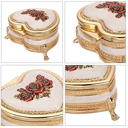 Hipiwe Heart Shape Metal Jewelry Box Antique Trinket Box Carved Red Rose - color: Red, size: Small