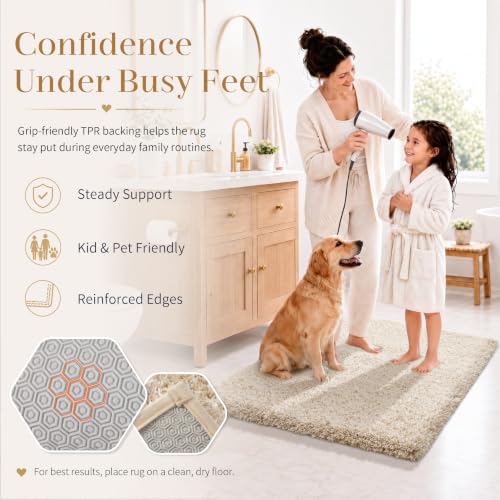 Yimobra Bathroom Rugs Non Slip Washable 32x20, Plush Bath Mat, Beige&White - color: Light Beige and White, size: 32" X 20"