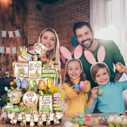 Amyhill 24 Pcs Easter Tiered Tray Decor Bunny Easter Spring Decorations Farmhouse Wooden Signs Gnome Egg Flower Tiered Tray Decor for Home Kitchen Coffee Bar Table Shelf - style: Delicate Easter