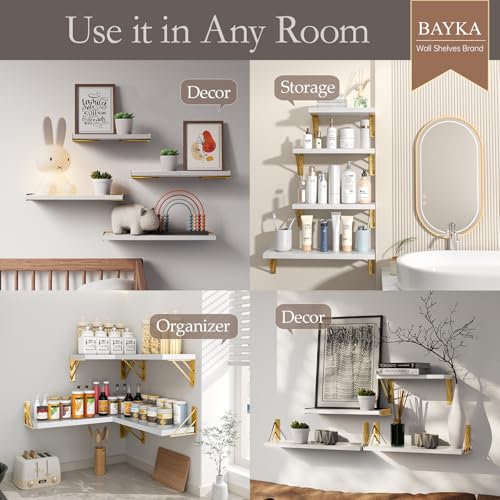 BAYKA Wall Mounted Floating Shelves (White and Gold, Set of 4, 16" Mixed) - color: B. White Board & Gold Brackets, size: 16 inches Mixed