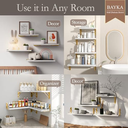 BAYKA Wall Mounted Floating Shelves (White and Gold, Set of 4, 16" Mixed) - color: B. White Board & Gold Brackets, size: 16 inches Mixed