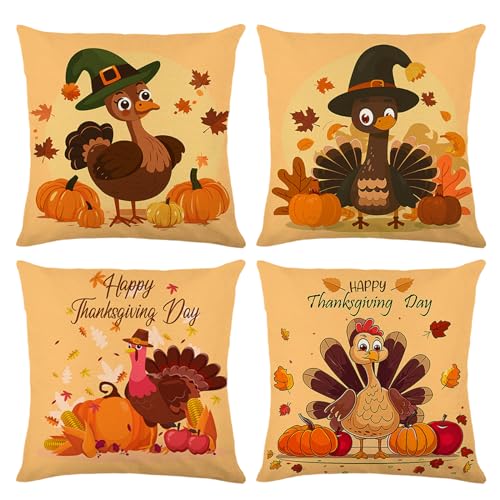 ONFAON Thanksgiving Turkey Pillow Covers, Fall Pillow Covers 18x18 Set of 4 - color: Fall 09