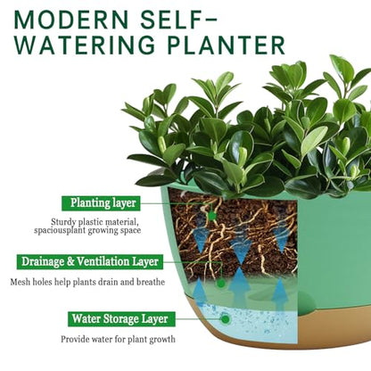 Koalaime 8/10/12 Inch Pots for Indoor Plants, Large Self Watering Planters with Drainage and Saucers, Plastic Outdoor Flower Pot, Set of 3, Green - color: Green