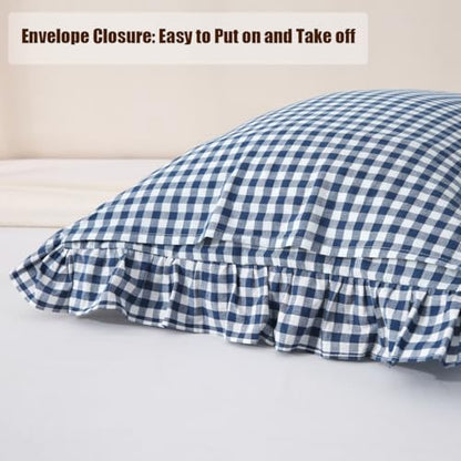 Silnuo Navy Blue/White Gingham Plaid Ruffled Pillow Covers Queen Size - color: Navy Blue Plaid, size: Queen (20" x 30") - Set of 2