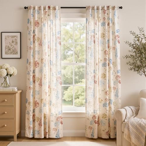 jinchan Floral Linen Curtains 84 Inch Vintage Cottagecore Back Tab 2 Panels - color: Vanya Terracotta Blue, size: 50"W x 84"L (Pack of 2)