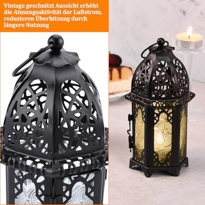 IMAGE Metal Candle Lanterns 6.7" H Hanging Lanterns Moroccan Birdcage Holders with Glass Creative Wedding Home Tabletop Decoration, Black (4)