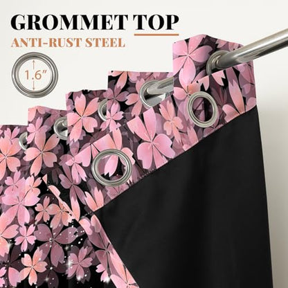 Pink Cherry Blossom Blackout Curtains for Bedroom 2 Panels 45" L x 29" W - color: Black & Pink, size: 29"W x 45"L (Pack of 2)