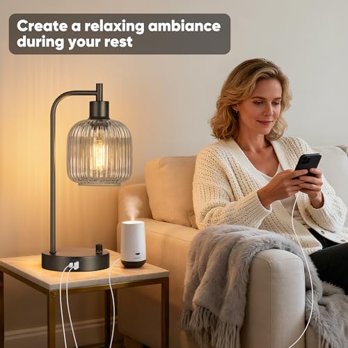 Grey Glass Table Lamps Set of 2, Dimmable Bedside Lamps for Living Room - color: Black&Grey