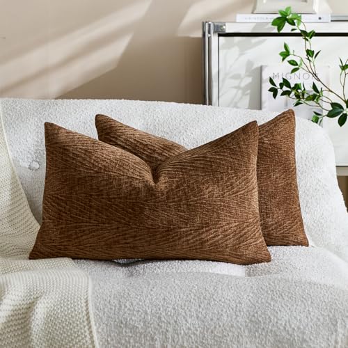 Throw Pillow Covers 12x20 Inch Set of 2, Textured Leaf, Dark Brown - color: Dark Brown, size: 20" x 12" (Pack of 2)