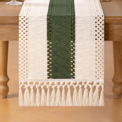 Boho Macrame Table Runner Ivory Olive Burlap Small Dresser Runner - color: Olive and White, size: 12" × 48"