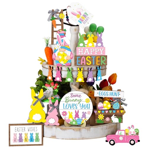 Marsui Easter Tiered Tray Decor Happy Easter Tiered Tray Ornament Rustic Farmhouse Spring Sign Bunny Truck Gnome Egg Wooden Sign for Home Table Decor(Floral Style) - style: Floral Style