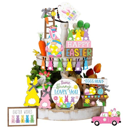 Marsui Easter Tiered Tray Decor Happy Easter Tiered Tray Ornament Rustic Farmhouse Spring Sign Bunny Truck Gnome Egg Wooden Sign for Home Table Decor(Floral Style) - style: Floral Style