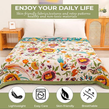 Flower and Bird Boho Throw Blanket for Bed Couch 50"×60" - color: Boho Flower-c, size: 50"x60"