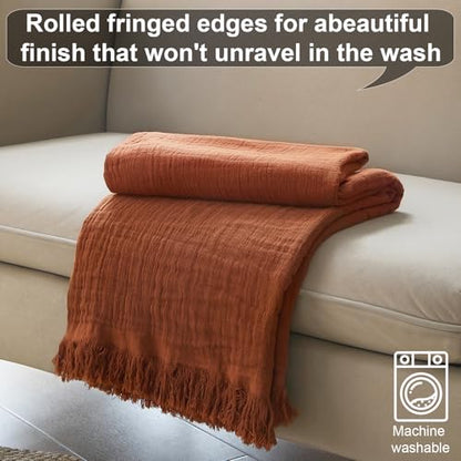 Cotton Muslin Throw Blanket with Tassels, 50 x 60 Inches, Lightweight Breathable Pre-Washed Gauze Blanket for Couch and Bed, All-Season Farmhouse Throw, Rust - color: Rust, size: 50" x 60"