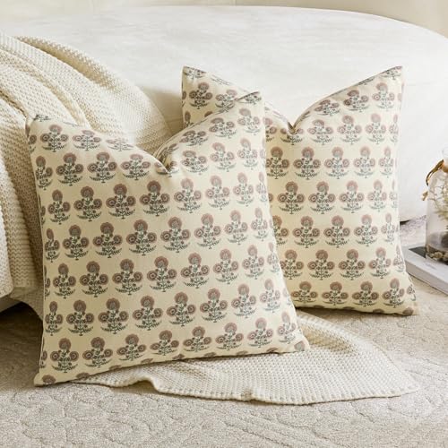Vintage Floral Pillow Covers 22x22 Set of 2 Farmhouse Block Print Decorative Throw Pillow Covers Rustic Cushion Covers Neutral Accent Couch Pillows for Living Room Sofa Bed Decor Dusty Rose - color: Vintage Pink, size: 22" x 22" (Pack of 2)