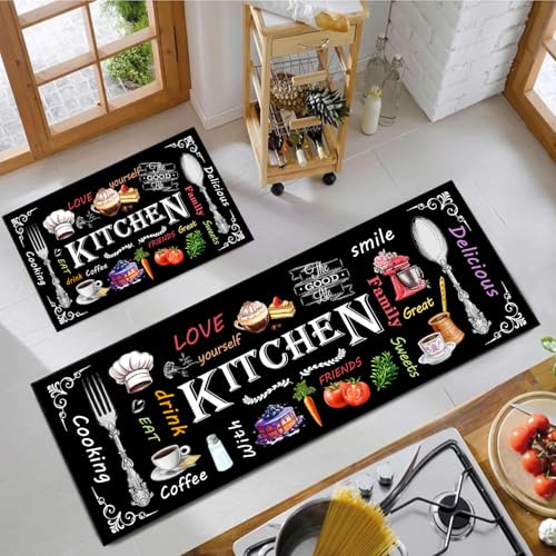 Kitchen Mats for Floor 2 Piece Set,Farmhouse Kitchen Rug Vintage Style Theme Decor,Absorbent Washable Non-Slip Floor Mats 17"x47"+17"x30" - color: Black a