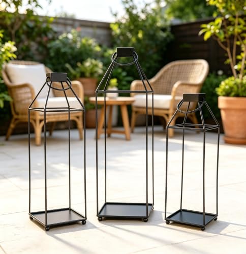 Lanterns Decorative Tall Large Metal Candle Set of 3, Black （16.6",14.7",12.9"） Modern Farmhouse Decor, Indoor, Outdoor, Tabletop, Porch, No Glass NO Candles