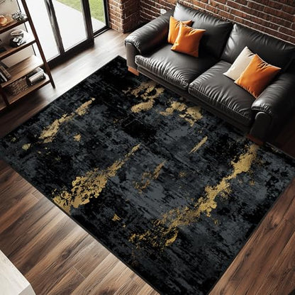 RELEANY Washable 5'x8' Abstract Area Rug for Living Room Black Gold - color: Black/Gold, size: 5' x 8' (Rectangular)