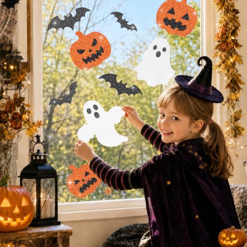 Glitter Halloween Window Clings Decor, Cute Ghost Pumpkin Stickers Decals - color: Halloween Glitter