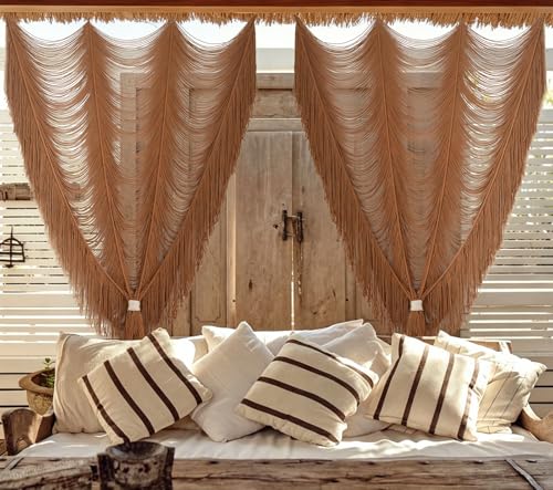 2 Panels Macrame Curtains 59" W x 75" H Handwoven Brown Room Divider Door - color: Khaki *2