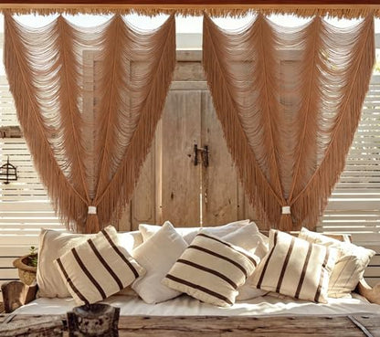 2 Panels Macrame Curtains 59" W x 75" H Handwoven Brown Room Divider Door - color: Khaki *2