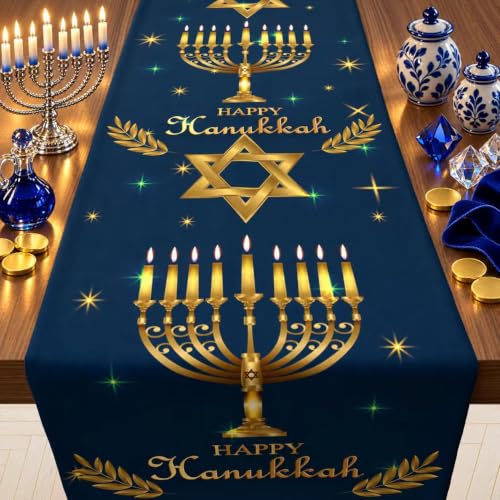 Hanukkah Decorations - Navy Blue Gold Hanukkah Table Runner - color: Navy Blue
