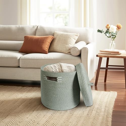Storage Basket with Lid, Woven Blanket Storage for Living Room, Cotton Rope Bin with Lid, Round Wicker Laundry Basket with Cover, Lidded Kid Dog Toy Box, Nursery Organizer, 15"x13", Green