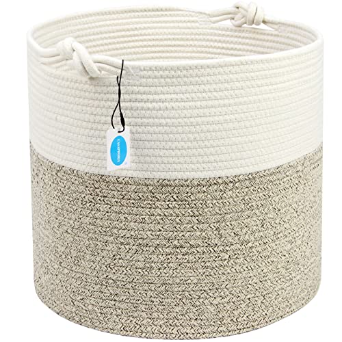 Casaphoria Natural Woven Cotton Rope Storage Basket for Organizing Towels Blanket Laundry Baskets for Bathroom,Tall Laundry Basket for Bedroom,Bicolor Round Woven Hampe with Handles for Living Room - color: White & Brown