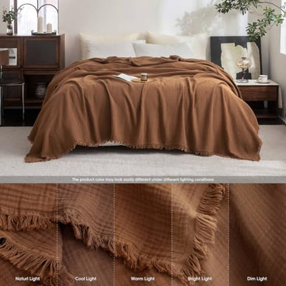 FOSSA Muslin Blanket 4-Layer 100% Cotton Gauze Blanket with Fringe 66"x90" - color: Dark Orange, size: Twin XL (66" × 90")