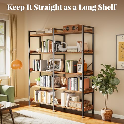 Huuger 5 Tier Bookshelf with 10 Open Shelves and Raised Baffle, Rustic Brown - color: Rustic Brown, size: 5 Tier