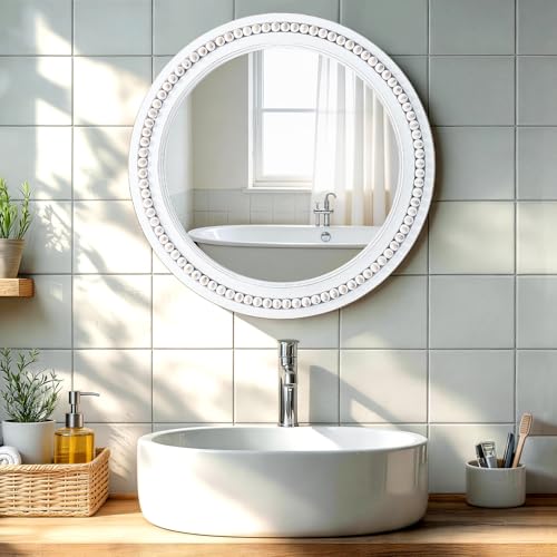 27 Inch Round Wood Beaded Wall Mirror, Farmhouse Circle Mirror - color: White