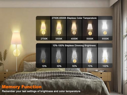 Wall Sconces Set of Two with Remote Control, Dimmable, Adjustable Colors 2700-6500K, Plug in Wall Sconces with White Fabric Shades, Plug in Wall Light, Gold - color: Gold-White