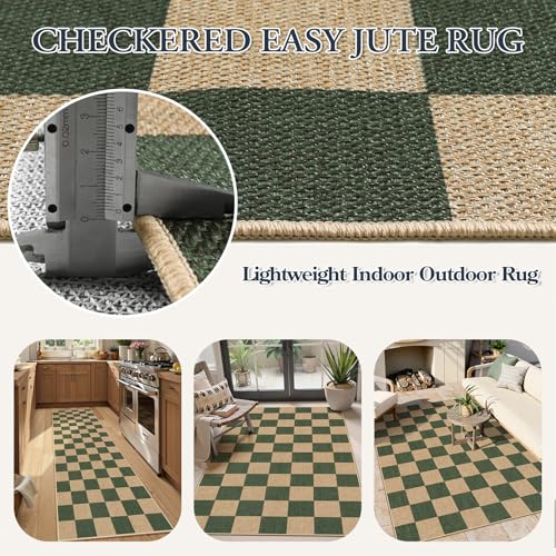 Lahome Checkered Easy Jute Kitchen Runner Rug, 2x8 Outdoor Rugs Washable - color: Deep Green/Nature-1, size: 2'6" x 8' (Runner)
