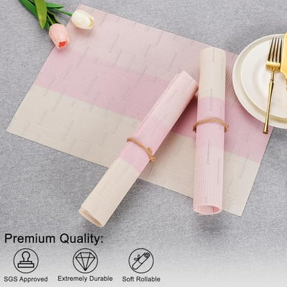 Placemats Set of 6, Vinyl Woven Heat-Resistant Place Mats - color: Beige Pink, size: Set of 6