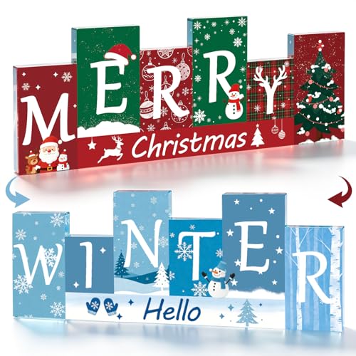 Merry Christmas Sign Winter Tiered Tray Decor Reversible Regalos De Navidad - color: small winter