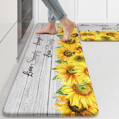 KIMODE Anti Fatigue Kitchen Mat, Farmhouse Sunflower Kitchen Rugs Sets of 2 - color: Sunflower/White, size: 47"L x 17.3"W x 0.47"Th + 29"L x 17.3"W x 0.47"Th