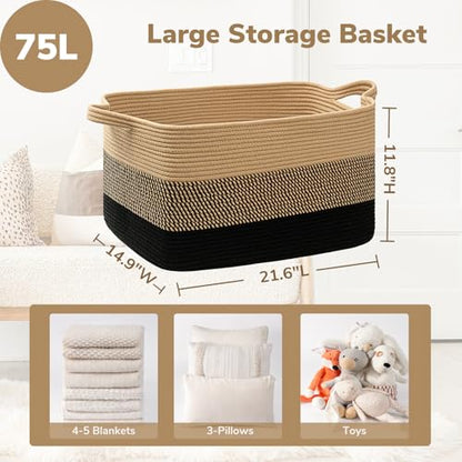 Goodpick Large Woven Blanket Basket, Rectangle, Black Jute, 75L - color: Black Jute, size: Large(21.6"L x 14.9"W x 11.8"H)