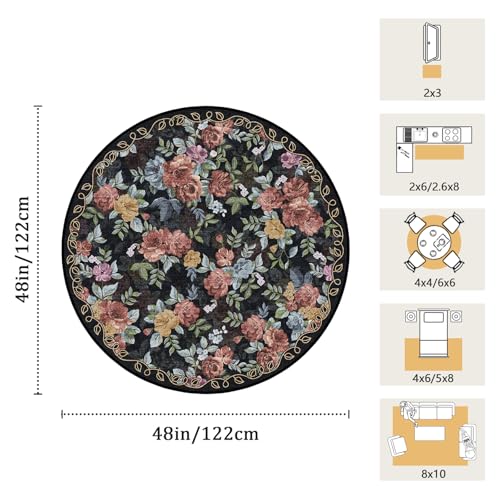 Washable 4ft Round Area Rug, Navy Boho Floral Non-Slip for Bedroom, Kitchen - color: Dark Navy, Dusty Rose, Mustard and Blue Grey, size: 4' (Round)
