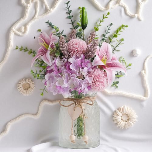 Artificial Silk Flowers with Vase, Fake Pink Lily, Hydrangea and Dandelion - color: Purple & Pink